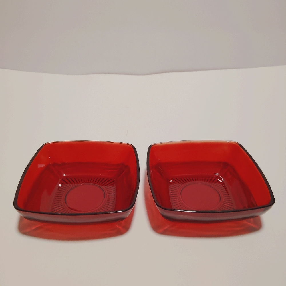 Set of 2 - Anchor Hocking Vintage Fire King Charm Ruby Red Square Dessert Bowls